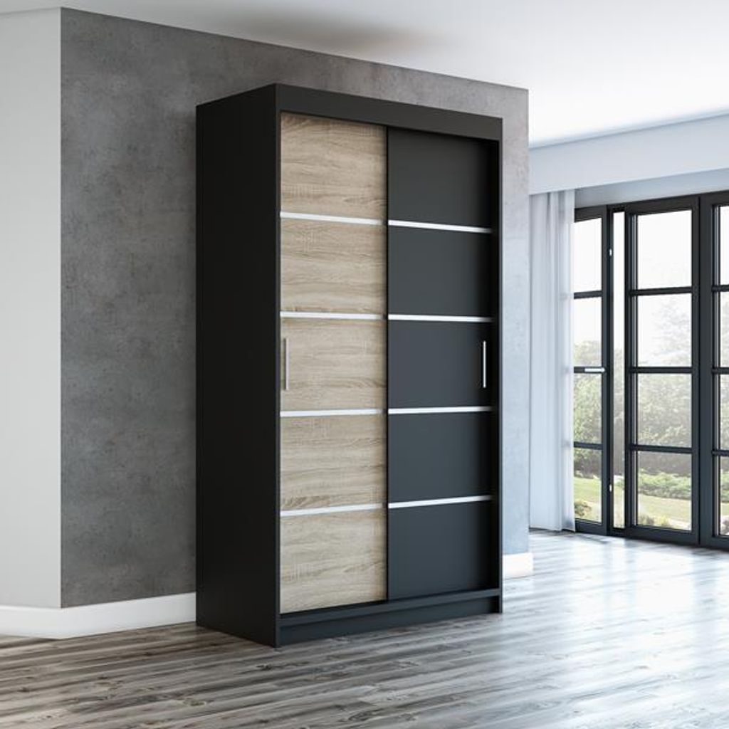 Schwebetürenschrank, 2-türig Schrank PARIS 120 cm (mit Spiegel) (Schwarz / sonoma / schwarz)