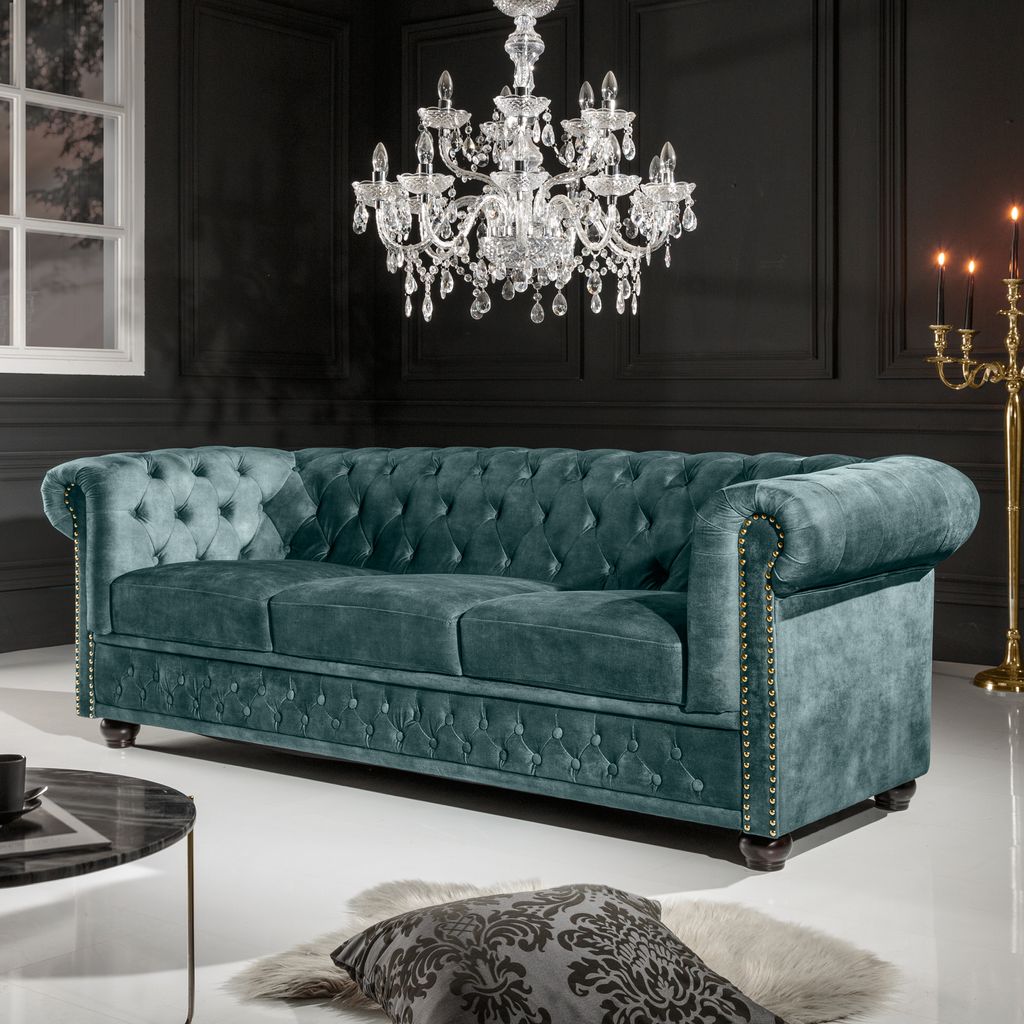 riess-ambiente Chesterfield 3er Sofa 205cm petrol Samt Produktbild 