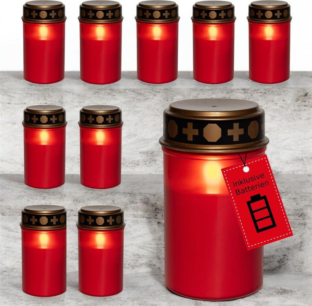 Novaliv LED Grablichter mit Batterie rot 10 Stück LED Kerzen mit Batterien Grabkerzen Friedhofskerze Kerzen flackernde Flamme Gedenkkerze Ewiges L...