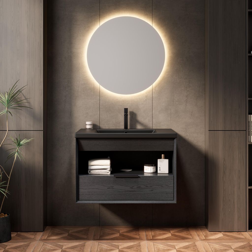 75cm schwimmender Badezimmer-Waschtisch mit Integriertem Unterbauwaschbecken aus Kek, Kabgeschrägter Kante Sperrholzschrank mit Regal und Schublad...