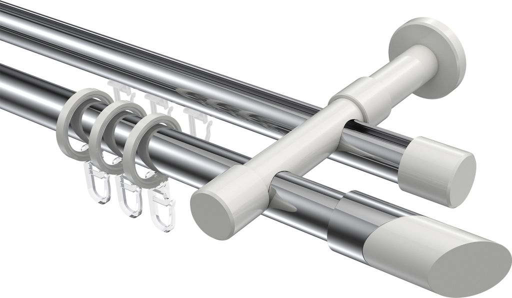 Interdeco Rundrohr-Innenlaufstange / Gardinenstange (Kombination) Chrom / Weiß, Typ Prestige Verano (Schräge Bicolor), 20 mm Ø 2-läufig, 240 cm