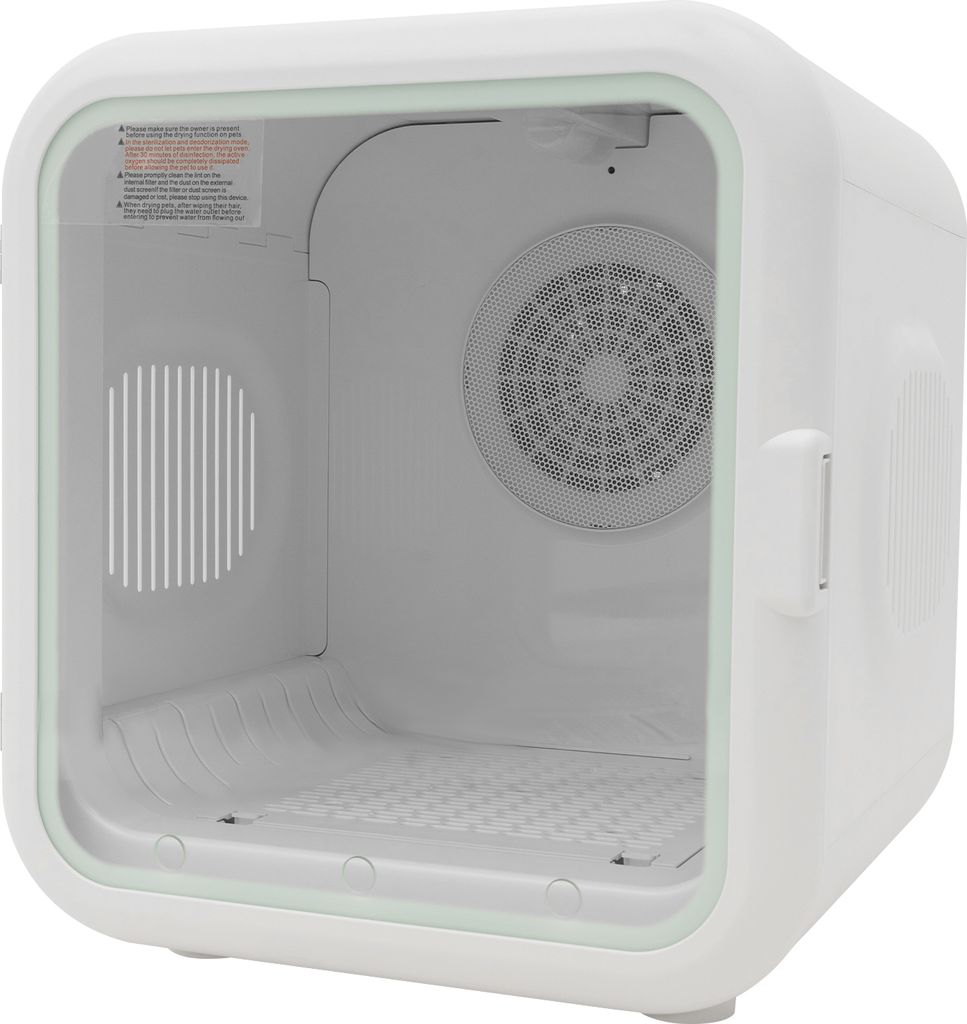 An empty white pet dryer with a clear front door, showing the interior with a fan and a textured floor.