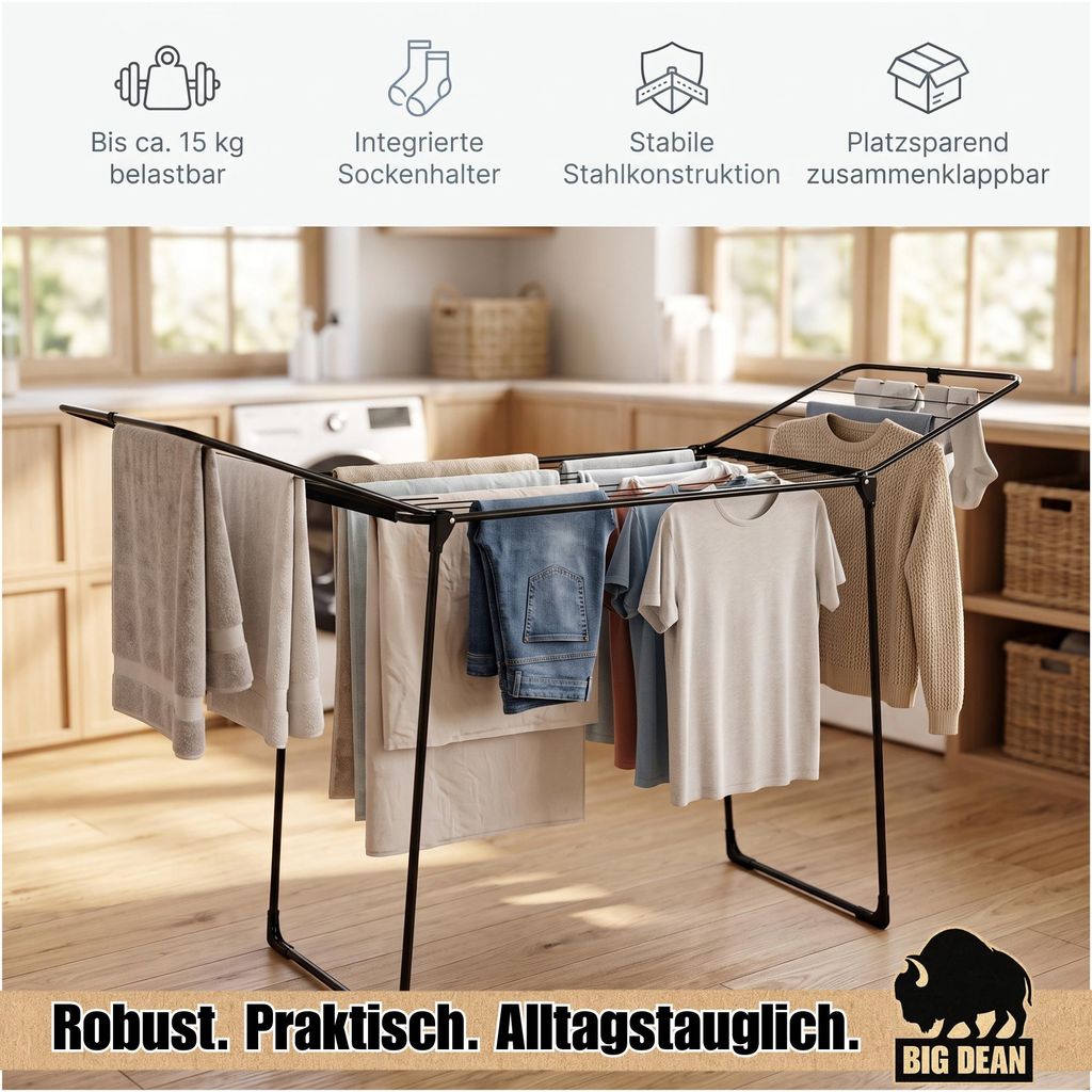 BigDean Wäscheständer 180 Schwarz 18m extra hoch für Lange