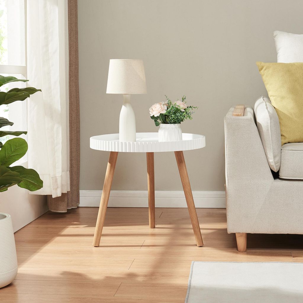 Beistelltisch 'Bongard' Couchtisch Ø50 x 45 cm mit Bambusbeinen runde Tischplatte Weiß