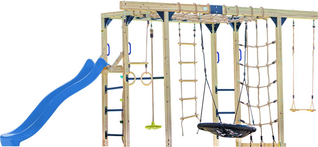 AXI Boris Klettergerüst aus Holz in Braun mit blauer Rutsche | Kletterspielplatz für Kinder mit verschiedenen Schaukeln, Trapez, Kletternetzen un...