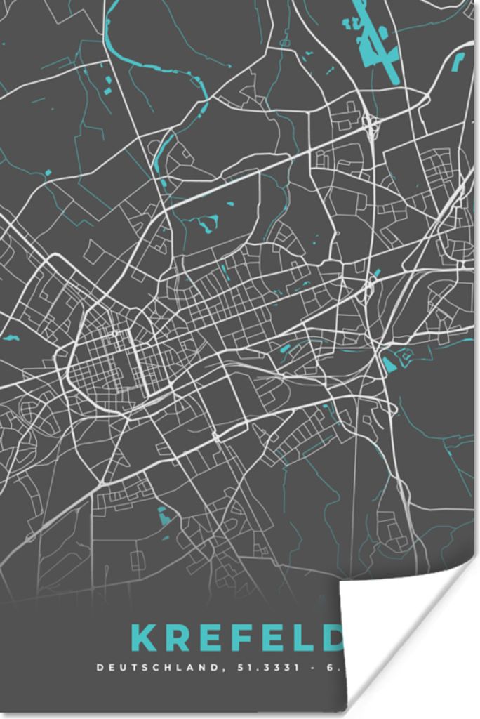 MuchoWow Poster Stadtplan - Deutschland - Blau - Krefeld - Karte 80x120 cm - Papierdruck