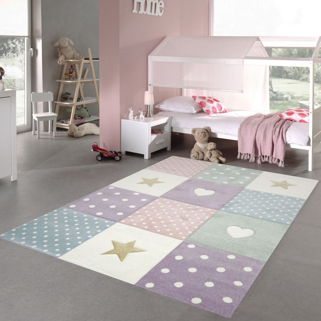 Kinderzimmer Teppich Spielteppich Herz Stern Punkte Design creme rosa blau Größe - 200 x 290 cm