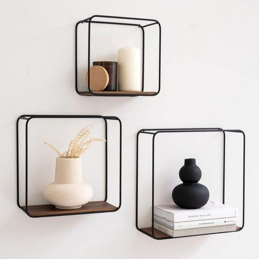 Unyqoos Wandregal Set aus 3 Teilen mit Holz-Elementen und industriellem Design für jeden Raum