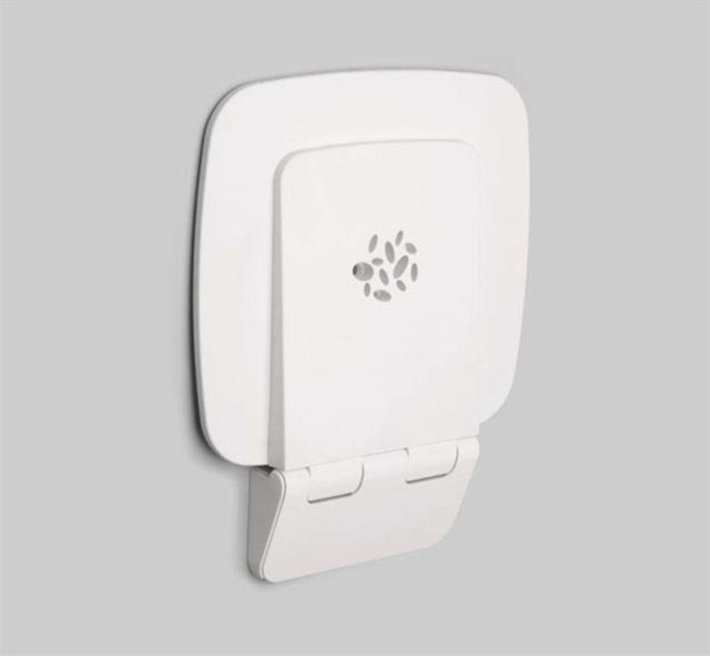 A white wall-mounted shower seat is shown against a plain gray background.