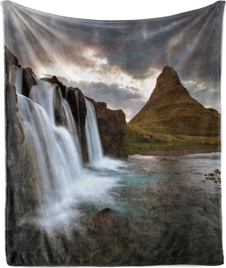 ABAKUHAUS Island Weich Flanell Fleece Decke, Bewölkt Wasserfall Vulkan, Gemütlicher Plüsch für den Innen- und Außenbereich, 125 x 175 cm, Taup...