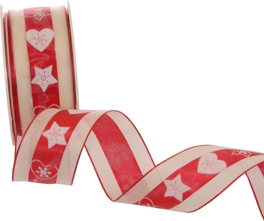 Weihnachtsband "Vintage Cookie" gedrahtet - natur-rot 40mm 20m - 6270-40-20-007