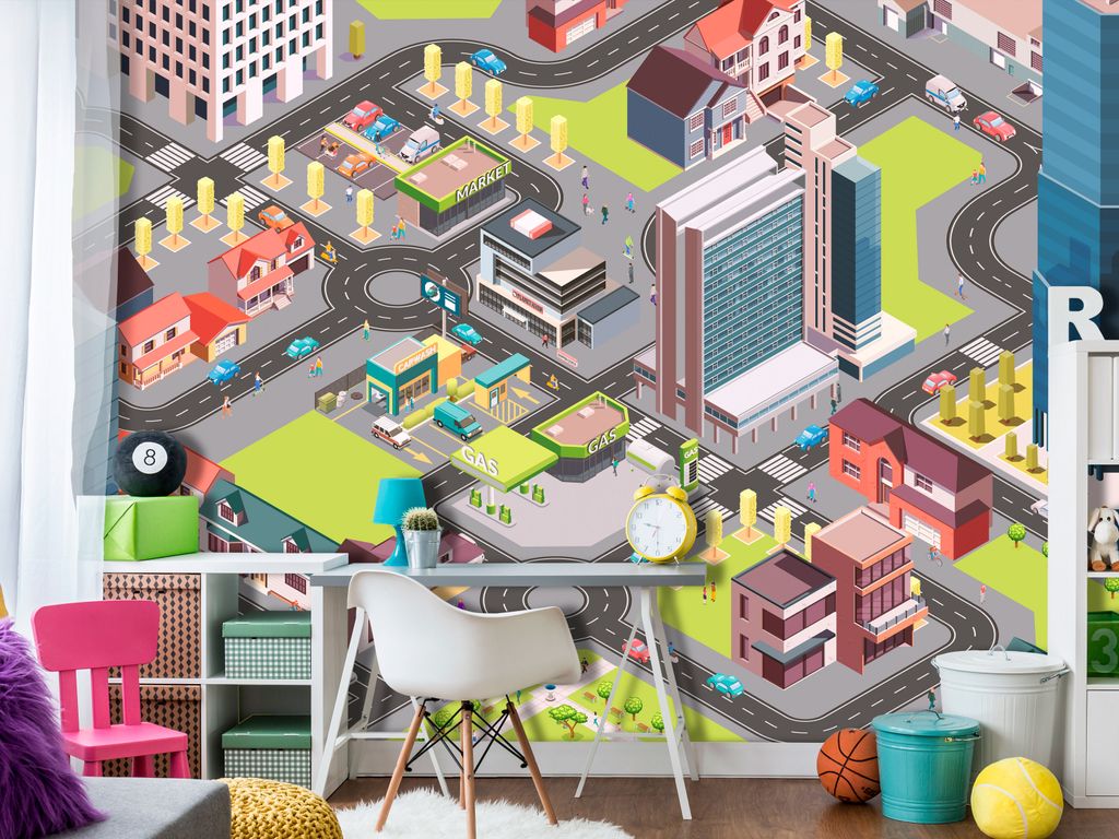 Vlies Fototapete Kinderzimmer 400x280 cm Tapeten Wandtapete XXL Straße Gebäude für Kinder Auto e-C-0078-a-a