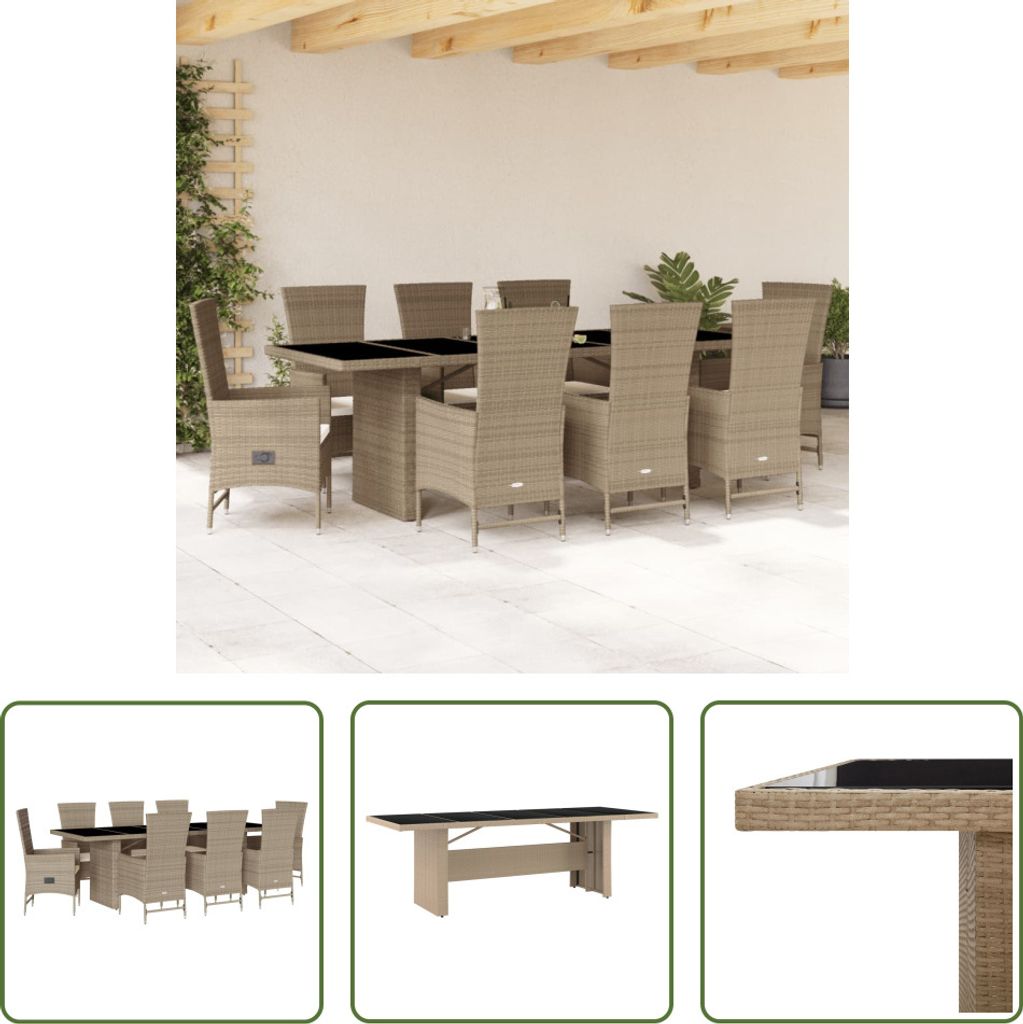 The Living Store 9-tlg. Garten-Essgruppe mit Kissen Beige Poly Rattan