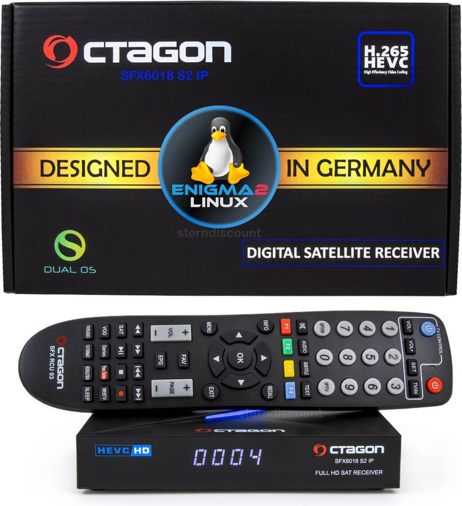 Product packaging and the satellite receiver with its remote control.