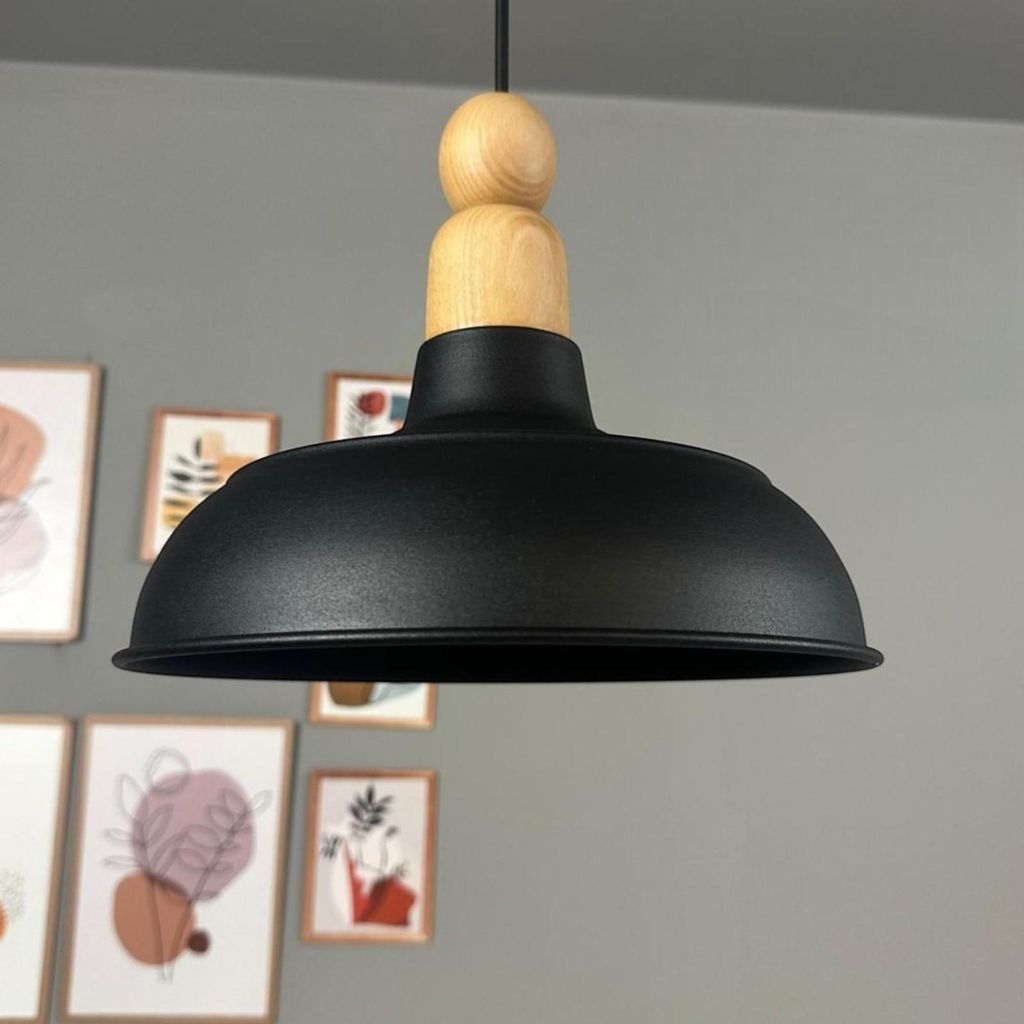 bamyum Veluna Hängelampe Ø26 cm, Pendelleuchte Vintage, Industrial aus Holz und Metall E27, Wohnzimmerlampe Hängend, Esstisch, Küchenlampe Schwarz
