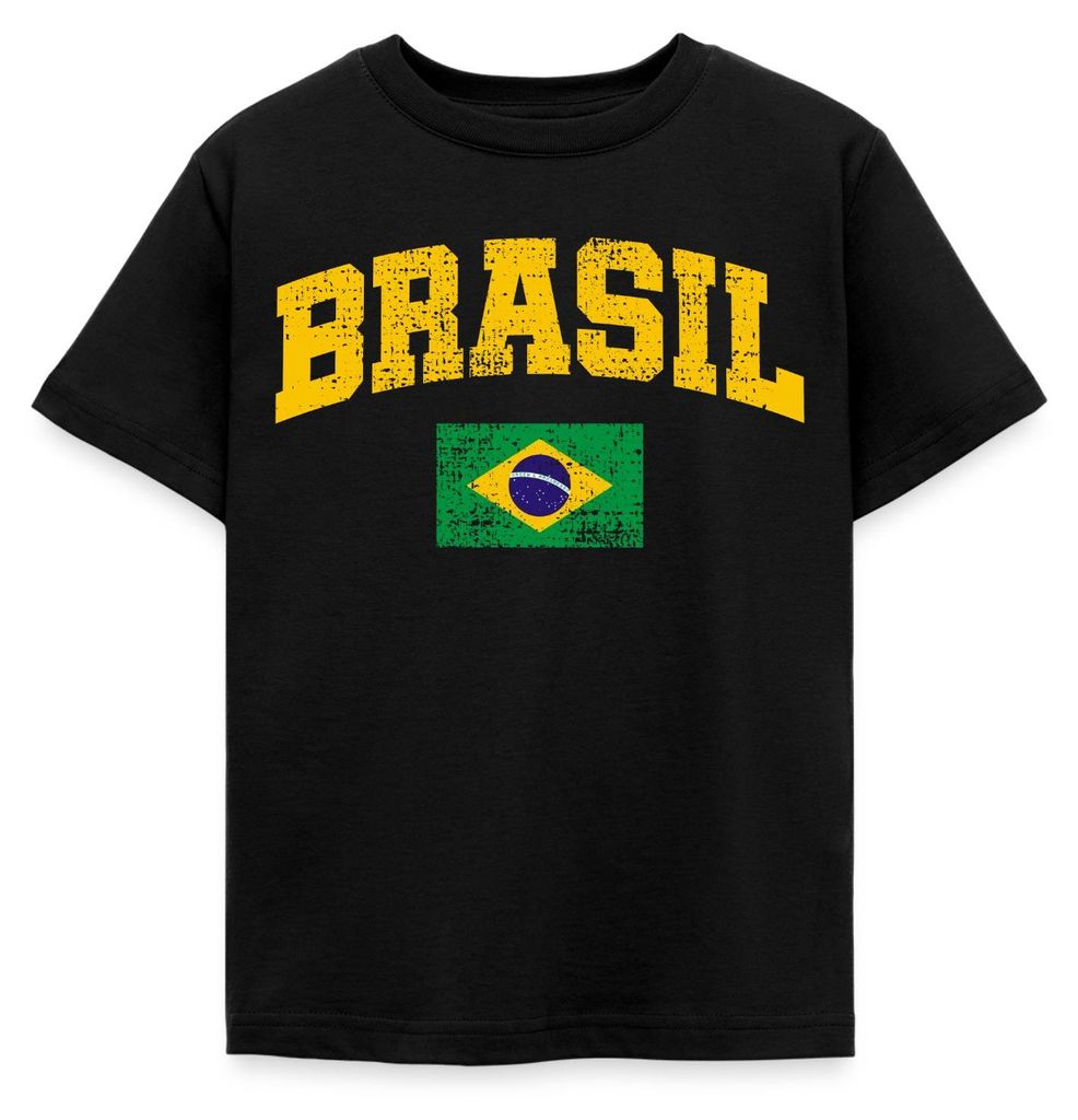 Spreadshirt Brasil Schriftzug Brasilien Flagge Retro Kinder T-Shirt, 122/128 (7-8 Jahre), Schwarz