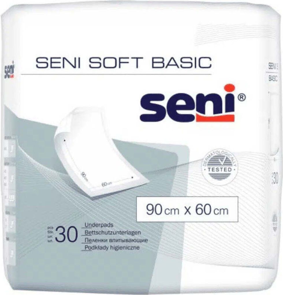 The image shows the packaging of Seni Soft Basic underpads.