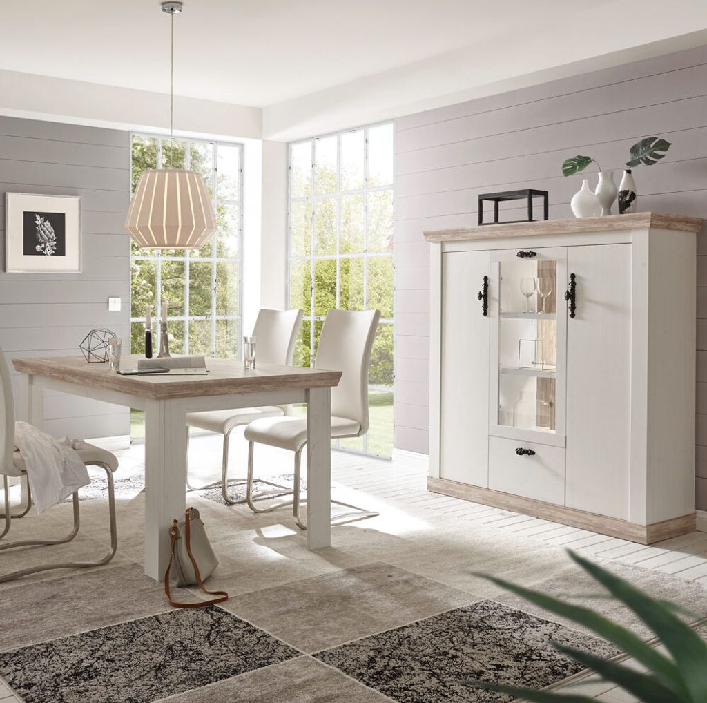 Highboard inkl. LED und Esstisch FERNA-61 Landhaus-Stil in Pinie weiß und Oslo dunkel Nb. (ohne Stühle) B/H/T ca. 300x146x44 cm