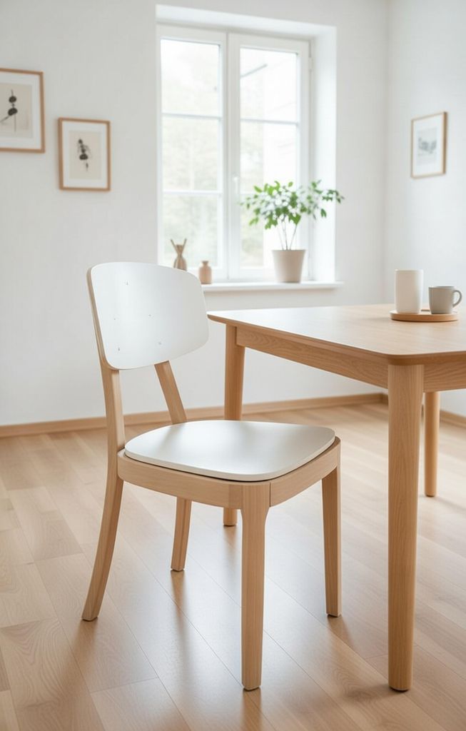 Komfortabler Stuhl aus Naturholz mit weißer Sitzfläche und Rückenlehne