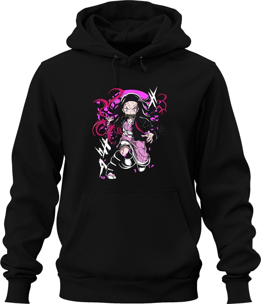 Nezuko Kamado Anime Dämon Kampfpose Bambus Beißschutz rosa Manga Uni Hoodie Kapuzenpullover, Schwarz, L