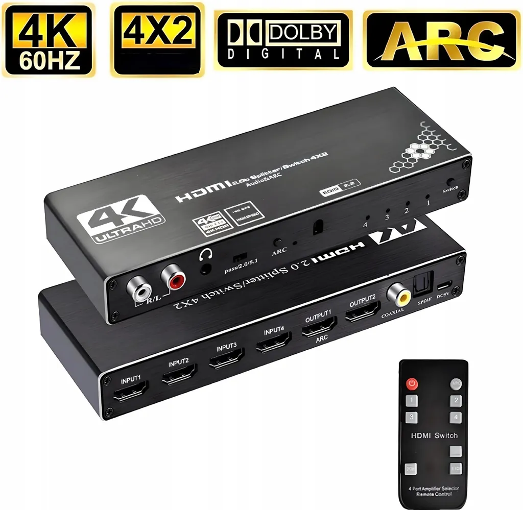 Splitter HDMI 2.0 4 Entrées 2 Sorties avec Audio Optique et Port Cinch
