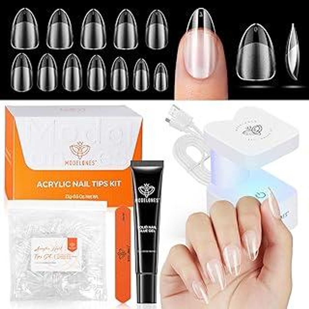 modelones Nageltips and Glue Gel Kit, 216 Pcs Medium Almond Nail Tips, Fester Nagelkleber & Uv Lampe Klein, 12 Größen Nagel Tips Set für Nagelve...