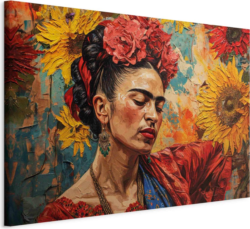 Wandbilder XXL Frida Kahlo 60x40cm 1 tlg Wand Deko Leinwand Bilder Groß Wohnzimmer Sonnenblumen Blumen Natur Zweige Porträt Abstraktion h-H-1005...