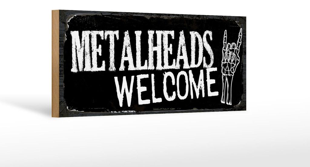 Holzschild Spruch 27x10 cm Metalheads welcome Skeletthand Deko Schild
