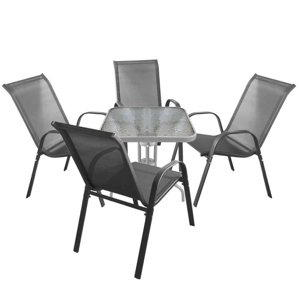 4 Stühle Silber/Schwarz Balkon Terrasse 5tlg Bistrogarnitur Glastisch Ø60cm