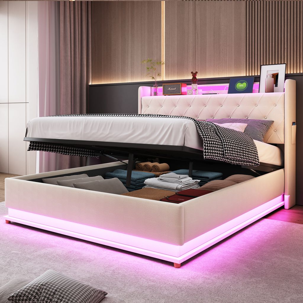 A modern bedroom with a bed featuring integrated storage and LED lighting.