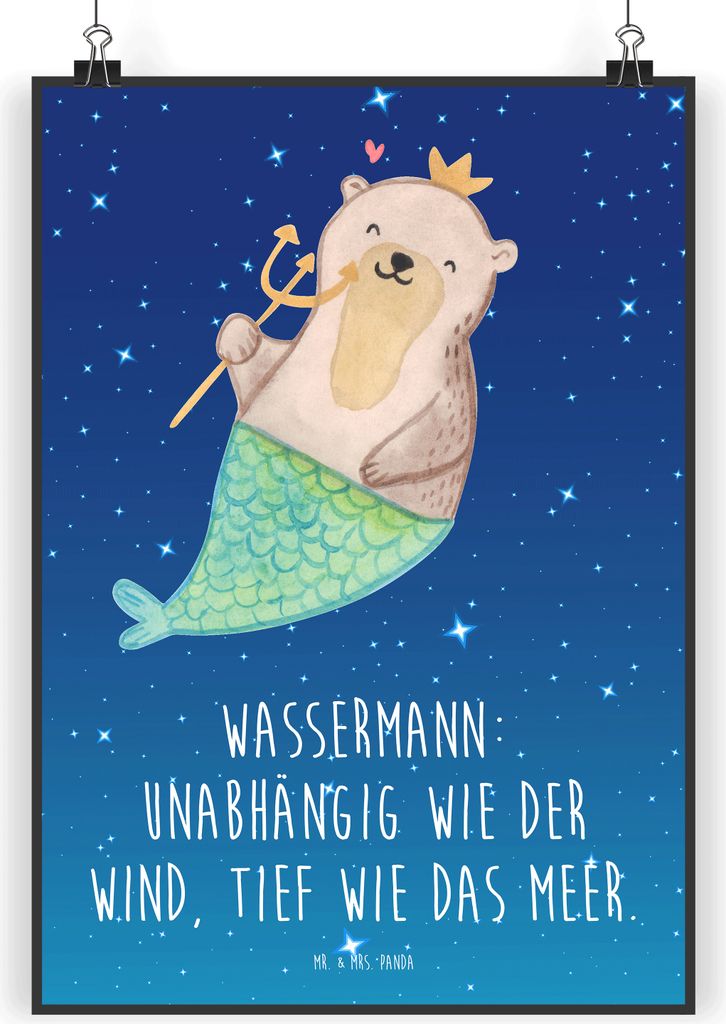 Mr. & Mrs. Panda Bild Wassermann Astrologie DIN A4 - Sternenhimmel Blau - Geschenk, wanddeko, drucke, Wandbild, Geburtstagsgeschenk, Sternzeichen, ...