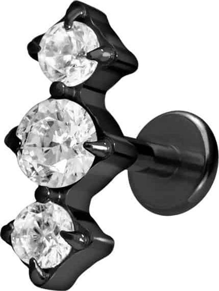 Ohrpiercing, Nasenpiercing Titan Labret mit Innengewinde 3 EINGEFASSTE KRISTALLE Schwarz Stablänge: 7mm | Stabstärke: 1,6mm
