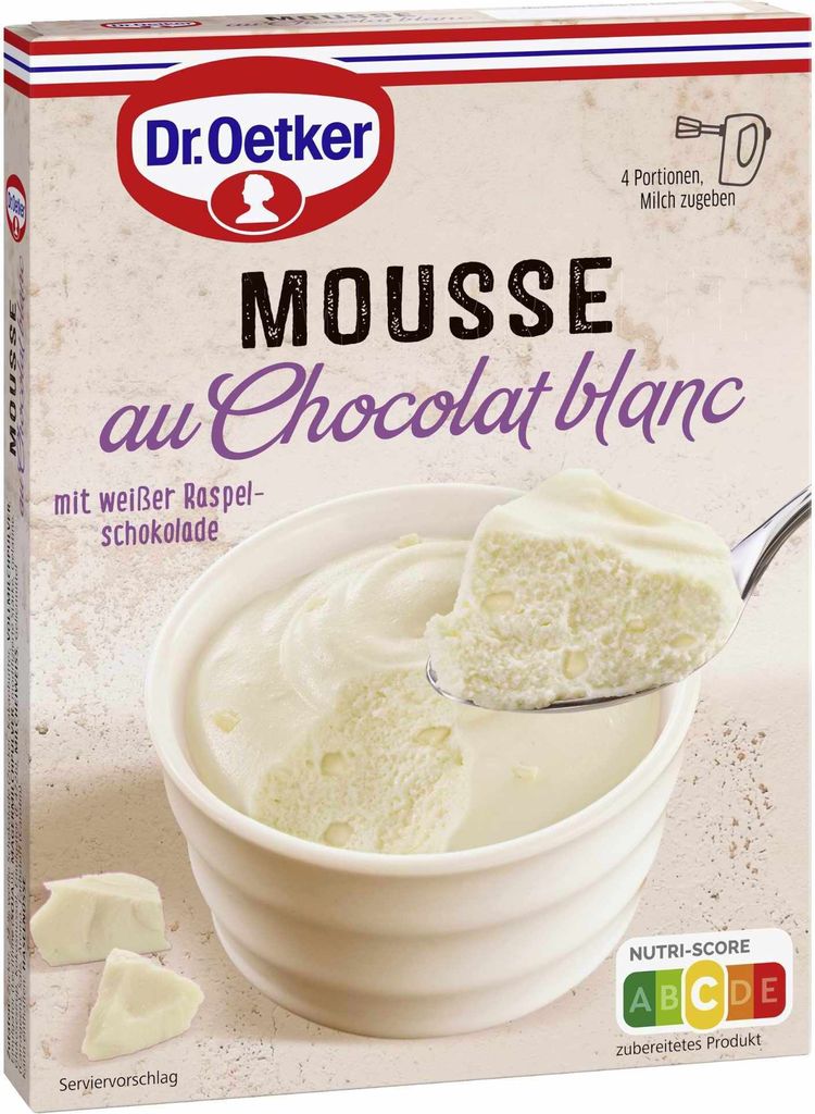 A box of Dr. Oetker Mousse au Chocolat blanc with a serving suggestion shown.