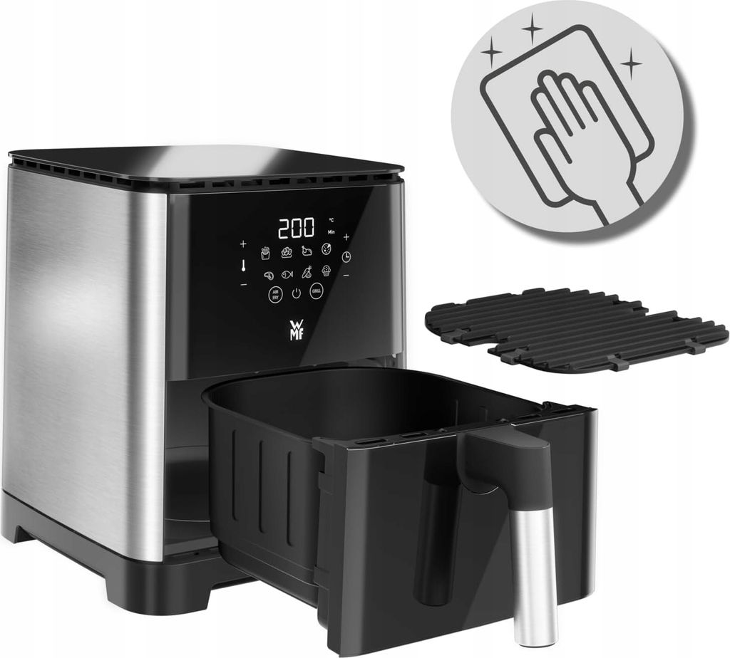 A WMF Multitaste air fryer with its basket pulled out, alongside a grill accessory and a cleaning icon.