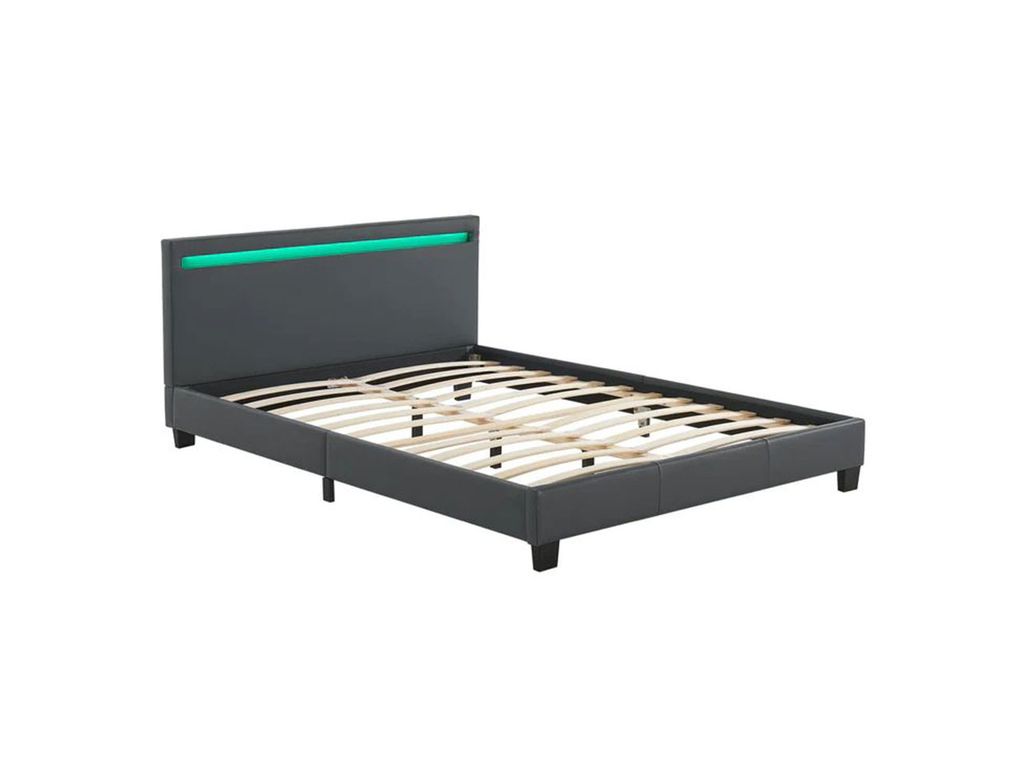 A gray bed frame with a slatted base and a green LED light strip on the headboard, displayed on a white background.