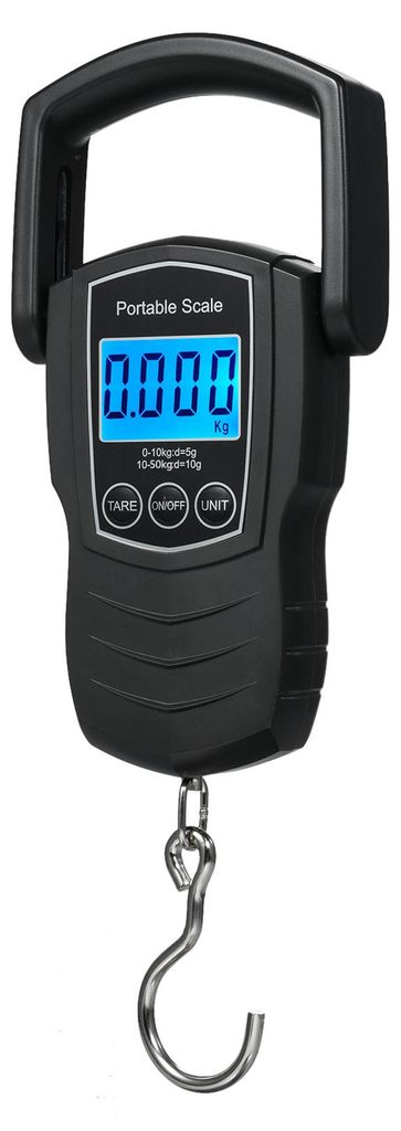 A black digital hanging scale with a hook, displayed against a white background.