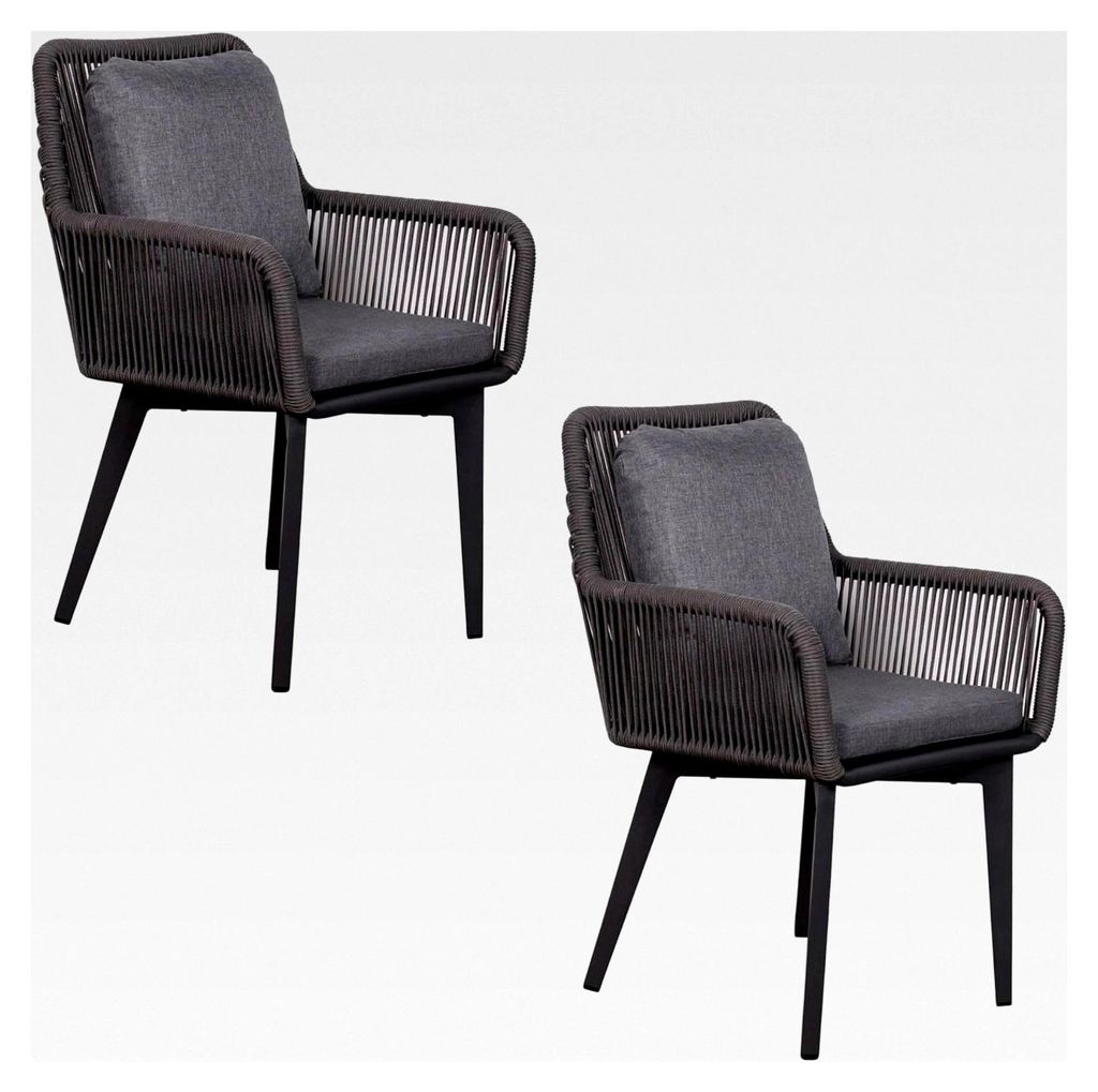 Diningsessel Marbella 2er-Set Aluminium Rope | Gartenstuhl mit Armlehne 58T x 63B x 78H cm | Alurahmen & graues Rope-Geflecht | Stuhl mit grauen Si...