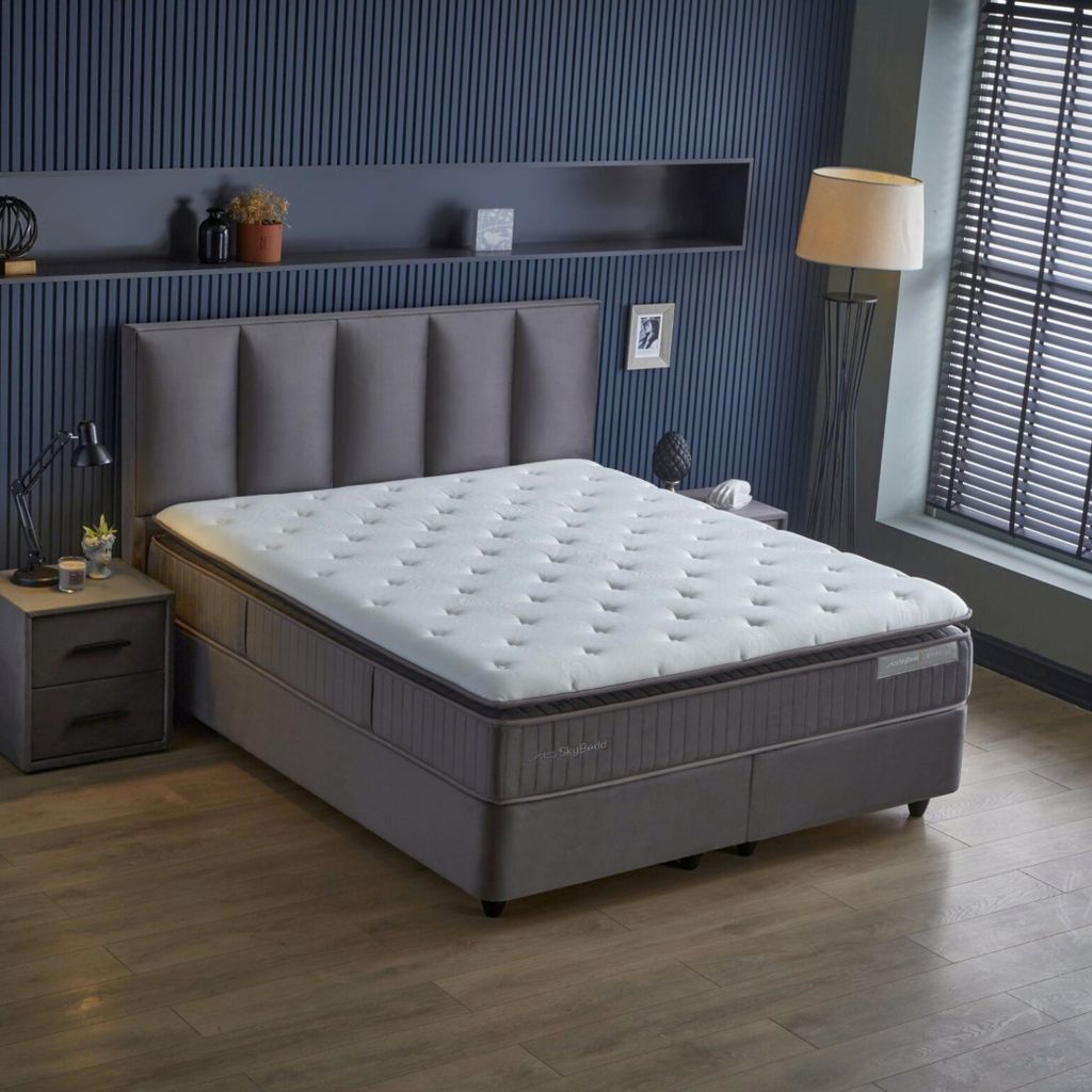 BIRDY  Bett Grau Boxspringbett mit Matratze 160x200 Produktbild 