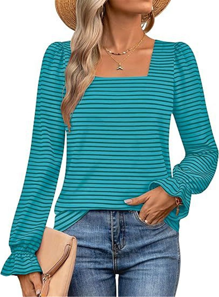 ASKSA Damen Langarm T-Shirt Gestreifte Quadratischer Ausschnitt Puffaermel Herbst Elegant Casual Tunika Oberteile (Dunkelblau,L)