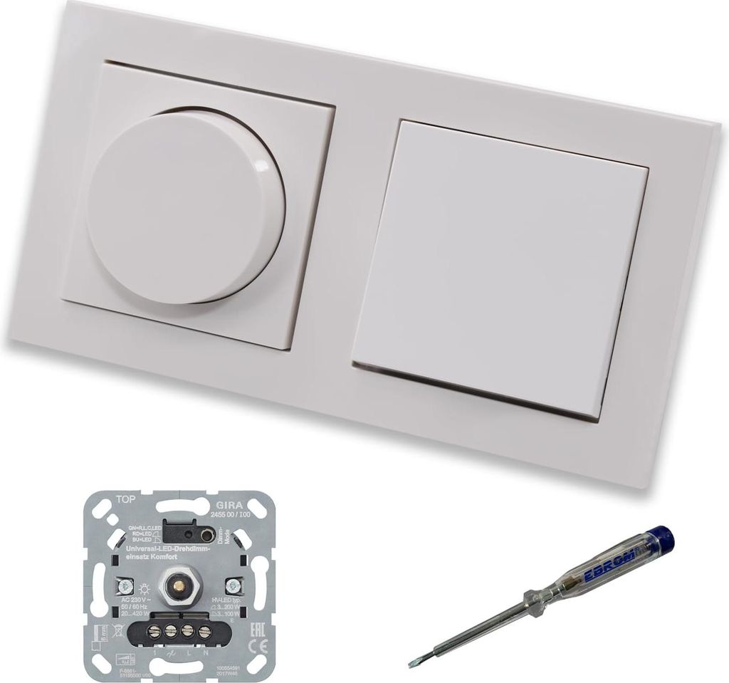 GIRA 245500 LED Drehdimmer Dimmer + Dimmerscheibe Zentralscheibe 065003 und Lichtschalter 010600 in Gira E2 reinweiß glänzend inklusive EBROM Pha...