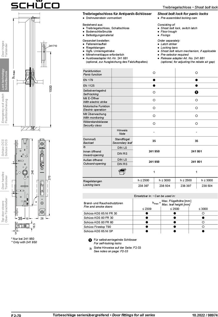 Schüco Treibriegelschloss 241951 für selbstverriegelnde Antipanik-Schlösser