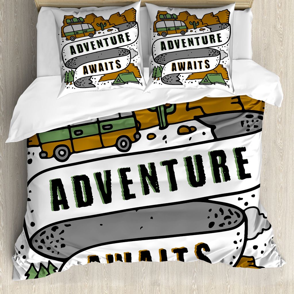 ABAKUHAUS Sprichwort Bettbezug Set für Einzelbetten, Camping Van Doodle Grafik, Milbensicher Allergiker geeignet mit Kissenbezug, 155 cm x 220 cm ...