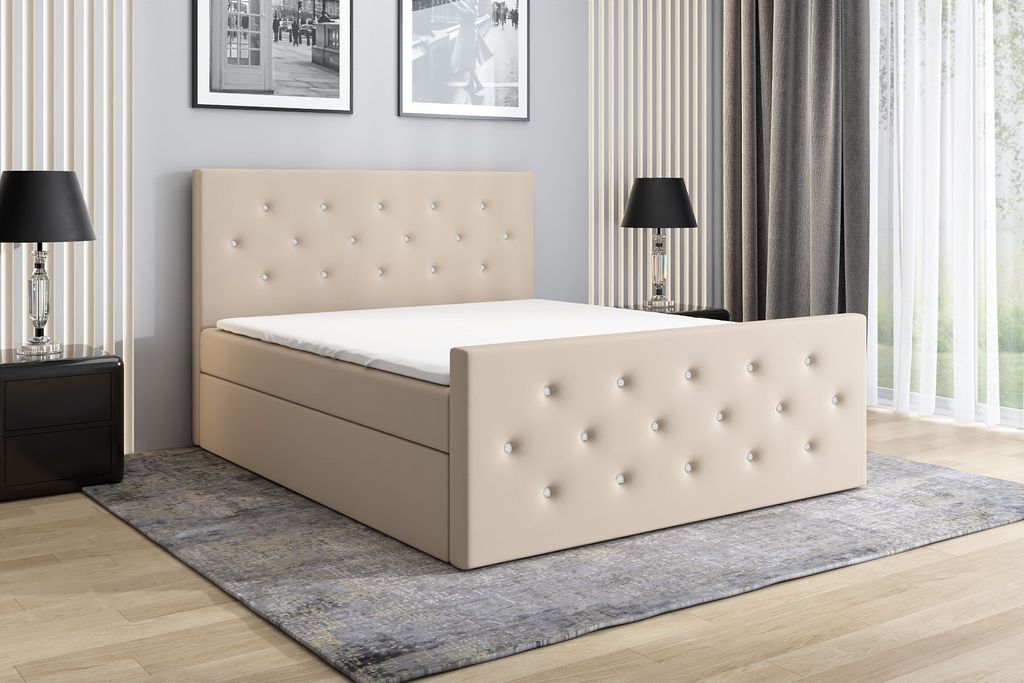 Boxspringbett REINN 180 x 200 mit 2 Bettkästen, Bonell-Matratze und Topper. Farbe: Beige