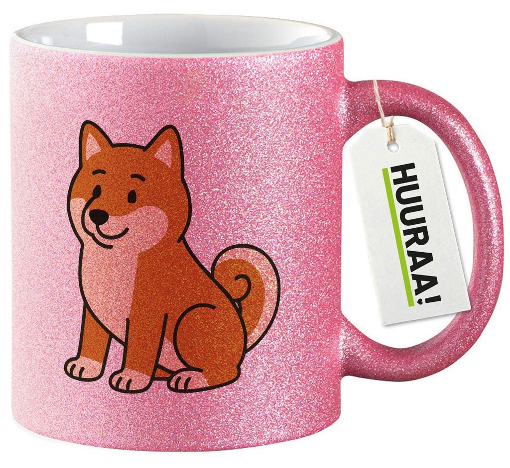 Huuraa Glitzertasse Shiba Inu Comic Shibi 330ml Pink Keramik Kaffeebecher Geschenkidee