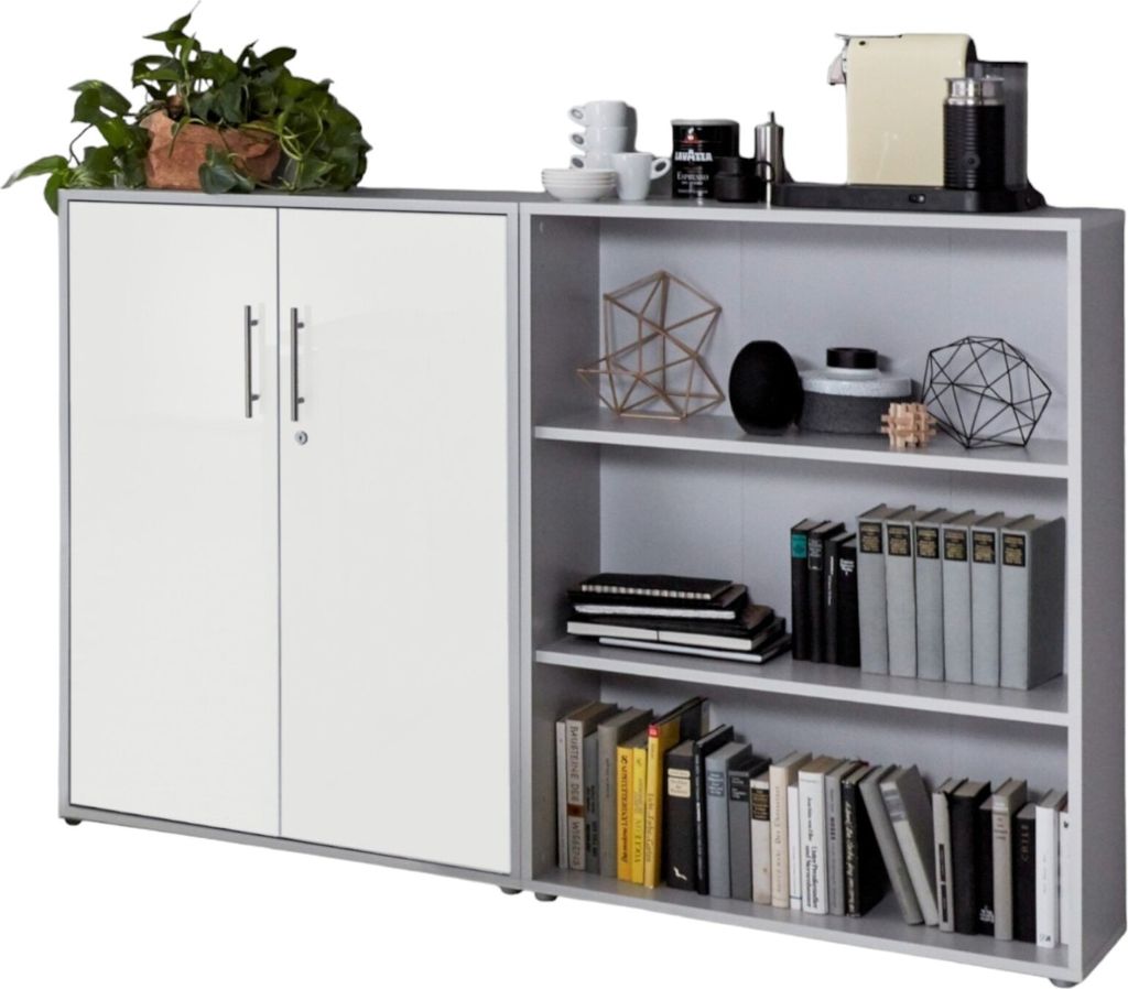 Aktenschrank TABOR 1 niedrig in lichtgrau / weiß matt, Schrankwand, Büroschrank, abschließbar, Metallgriffe