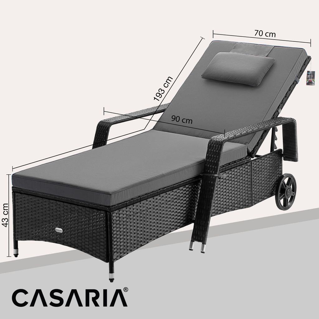 Casaria® Chaise longue en polyrotin Noir Anthracite coussin Image du produit 