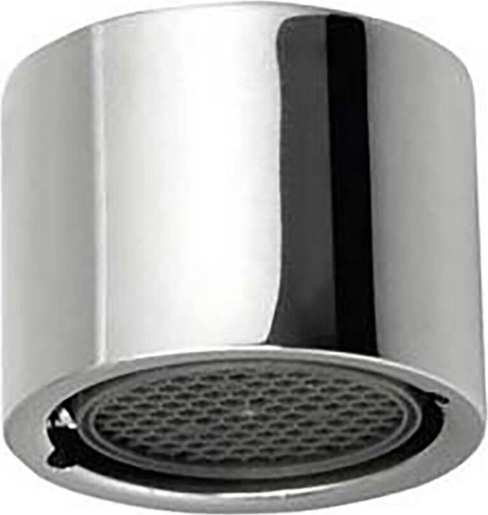 A close-up, studio shot of a chrome faucet aerator.