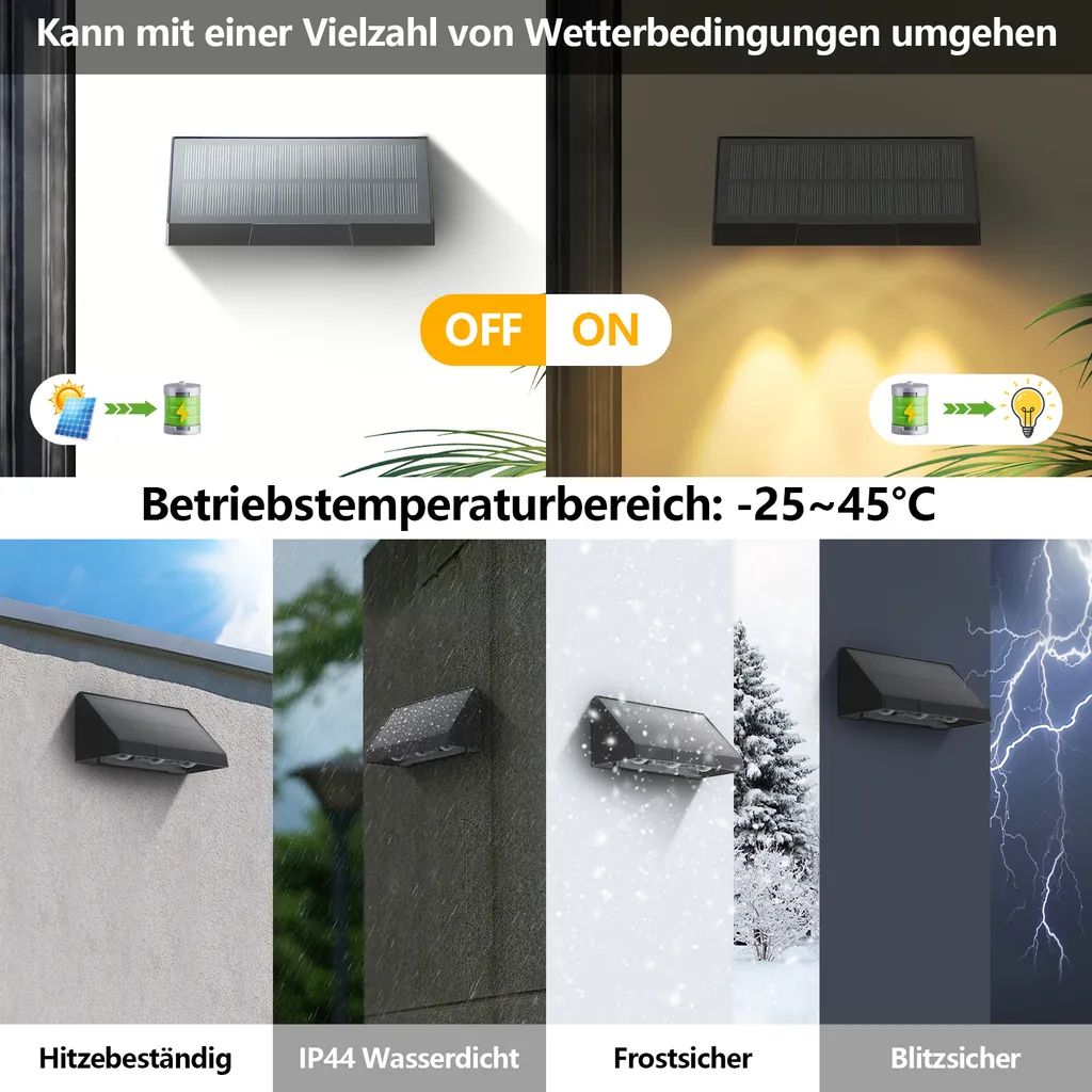 ZMH lampade solari per esterno 2pcs solare parete luce esterna LED 2 modalità luci parete esterna 3000K bianco caldo luci parete solare impermeabile illuminazione solare per recinzione terrazza balcone giardino - 5
