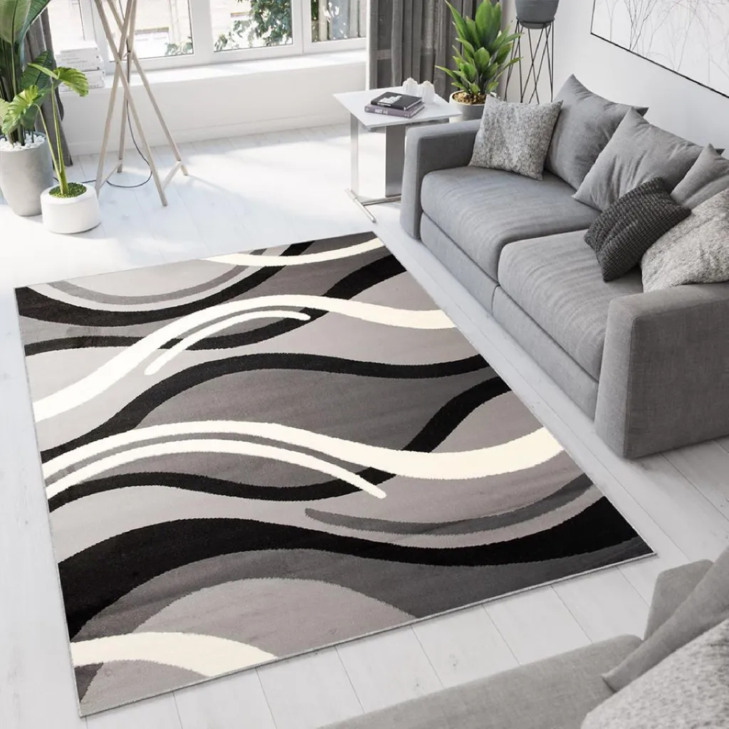 Tapis de Salon Design Ondulé Blanc Gris Noir 130x190 cm Style Moderne