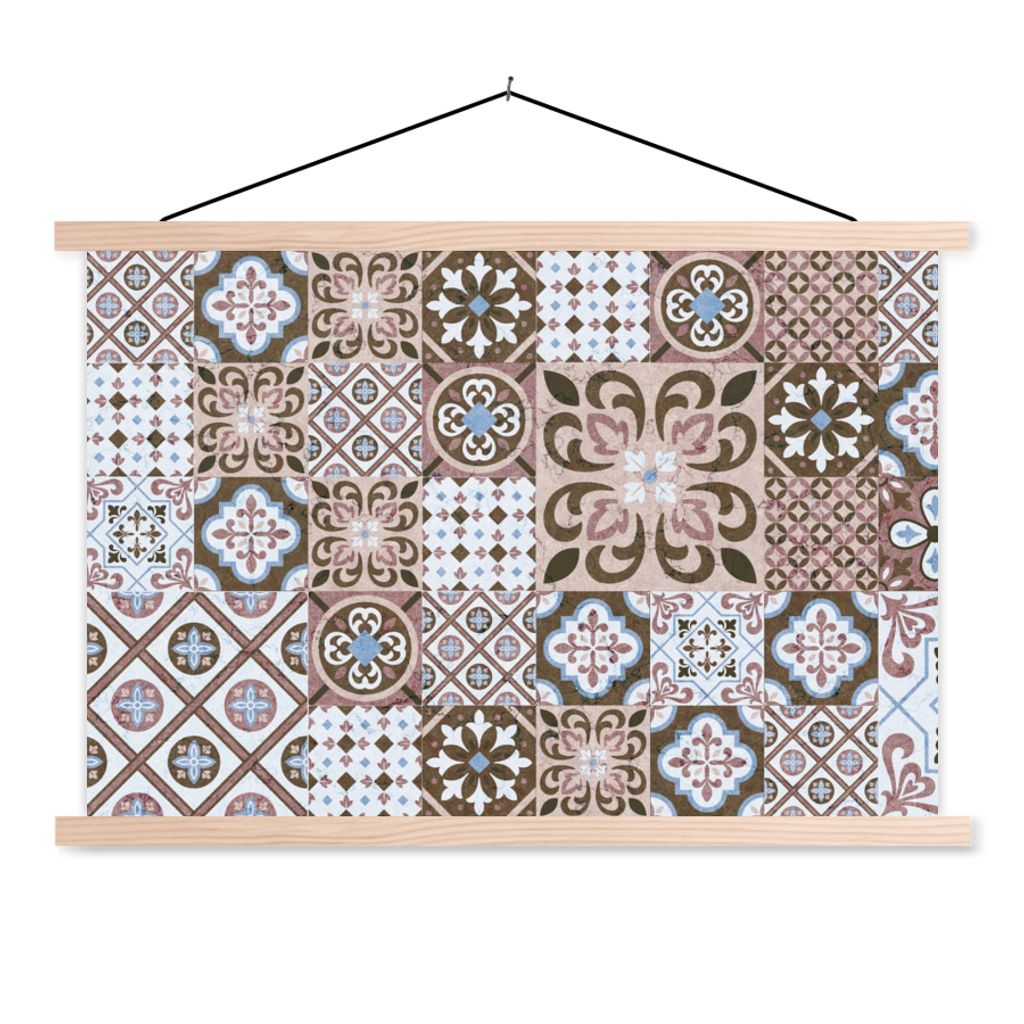 MuchoWow Textilposter Muster - Vintage - Braun - Blumen - Formen 60x40 cm mit holzfarbenen Rahmen - Bilder